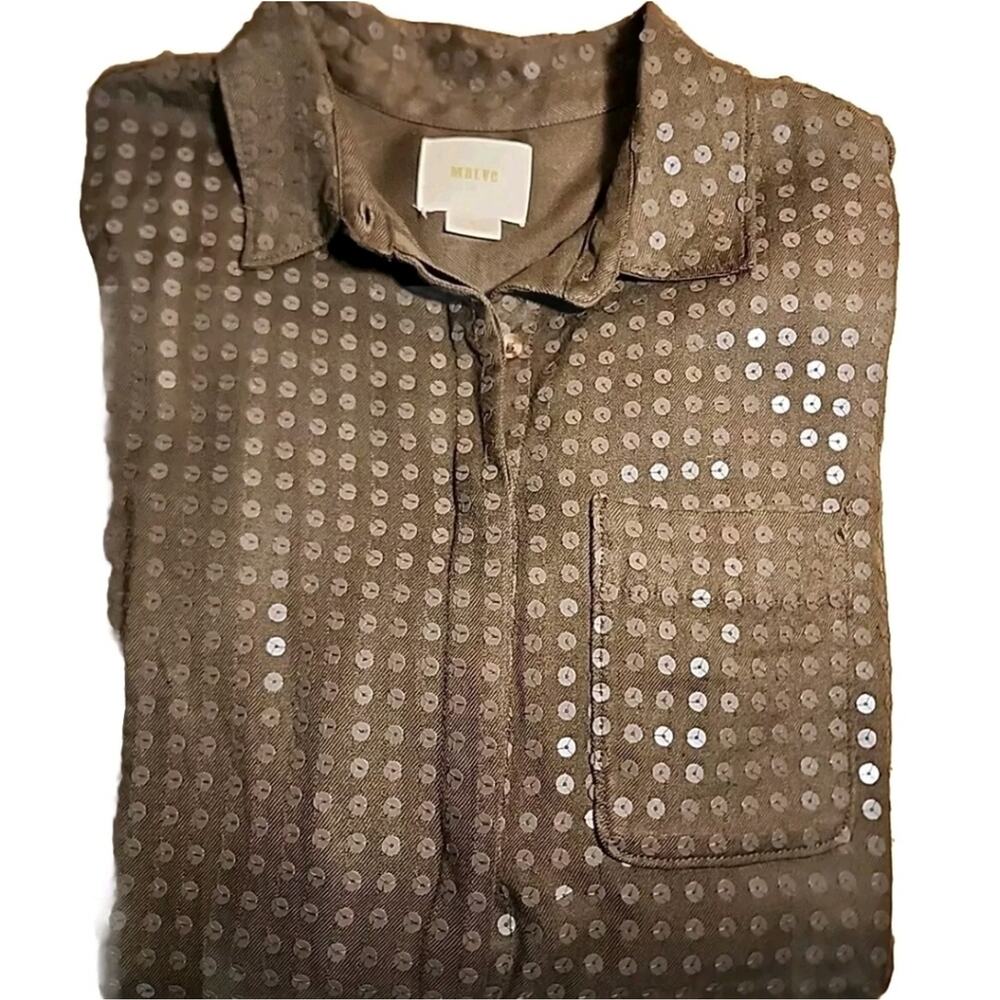 Maeve Anthropologie Womens S Green Sequin Button Down Long Sleeve Shirt Holiday - Picture 2 of 8